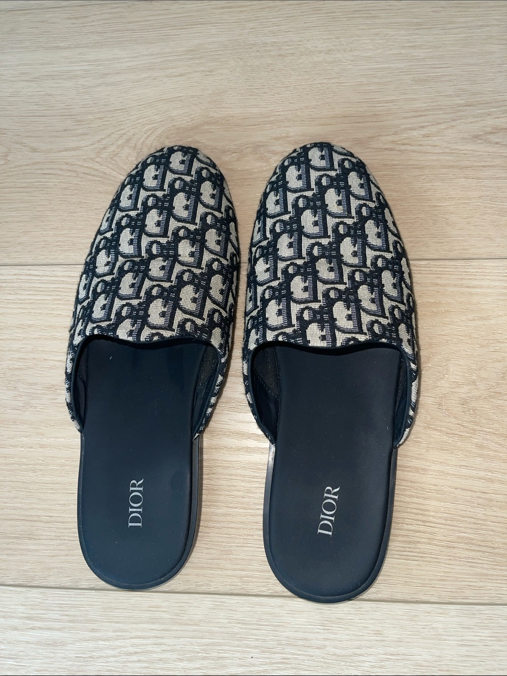 Dior Monogram Jacquard Slip-On Mules in Black and Beige